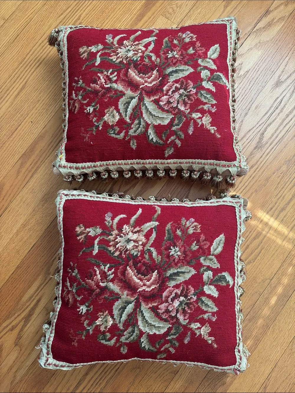 Pair Needlepoint Floral Throw Pillows Burgundy Velvet Back Tassel Fringe 16”